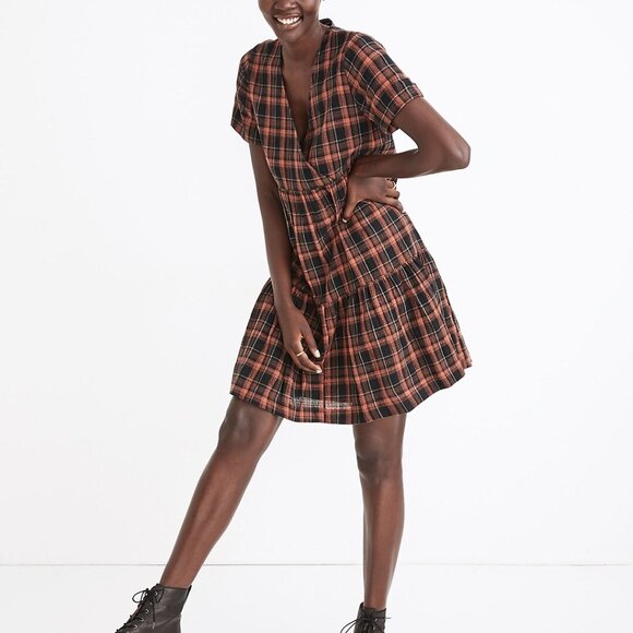 Madewell Plaid Faux-Wrap Short-Sleeve Tiered Mini Dress - Picture 4 of 8